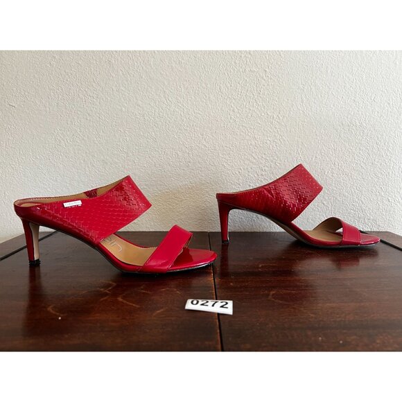 Calvin Klein Cecily Sandals Mule Womens Sz 9 Red Leather Open Toe Slip On Heeled - Picture 2 of 11